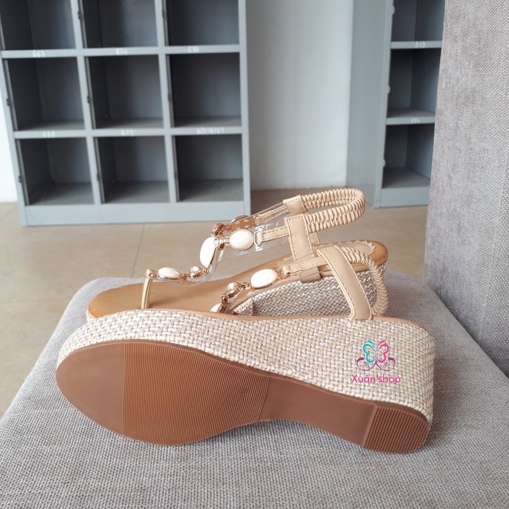 Giày sandal xỏ ngón Siketu, đế xuồng bọc cói cao 7cm (size 37-235)