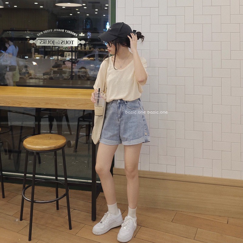 Quần short jeans gập gấu lưng cao ống rộng Bazic one
