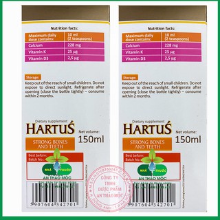 Hartus Strong Bones And Teeth.Bổ sung Canxi,Vitamin D,K Giúp Bé Phát Triển Chiều Cao