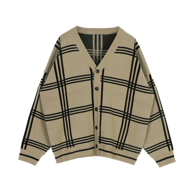 Áo khoác len Cardigan thu đông form rộng kẻ ô sọc cho nam