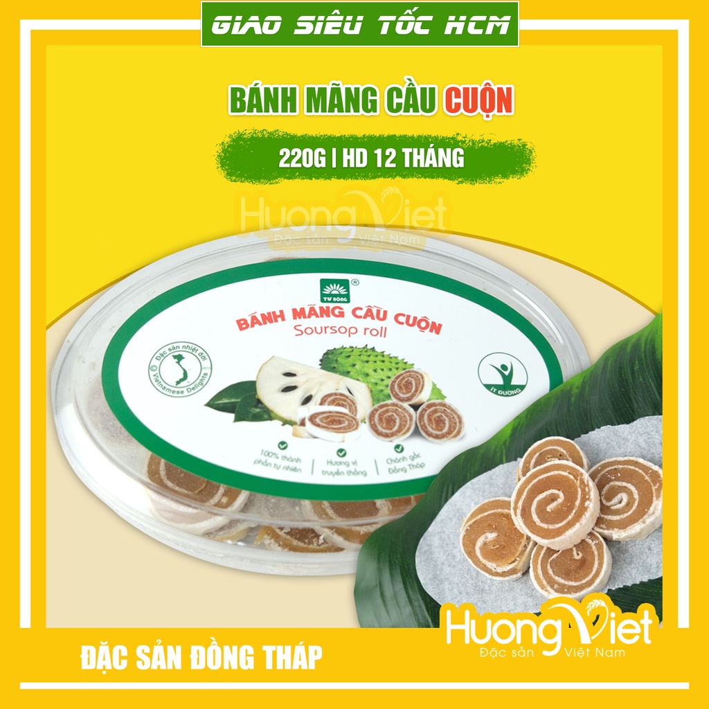 Kẹo mãng cầu, mứt mãng cầu cuộn bánh tráng hộp 220g, đặc sản Đồng Tháp Tư Bông, bánh kẹo đồ ăn vặt Sài Gòn