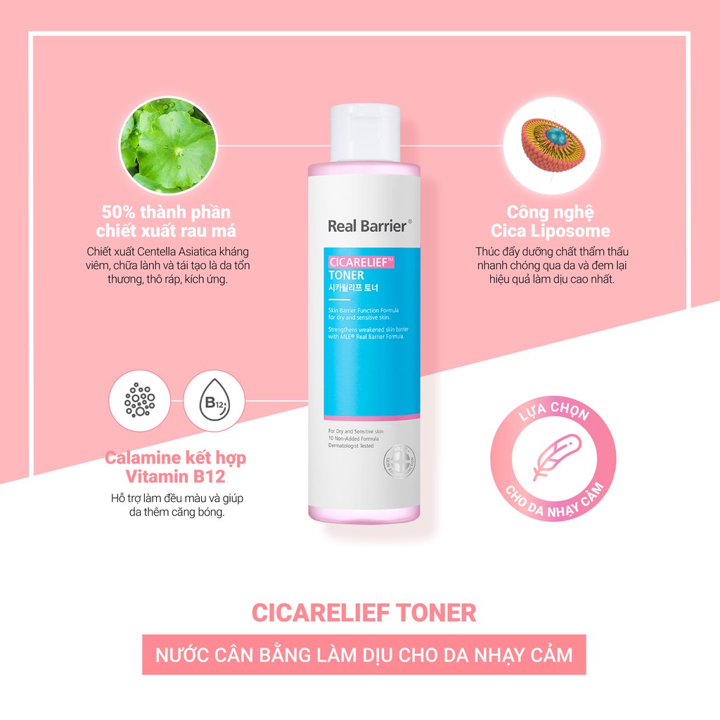 Nước cân bằng làm dịu và dưỡng ẩm REAL BARRIER Cicarelief Toner 190ml