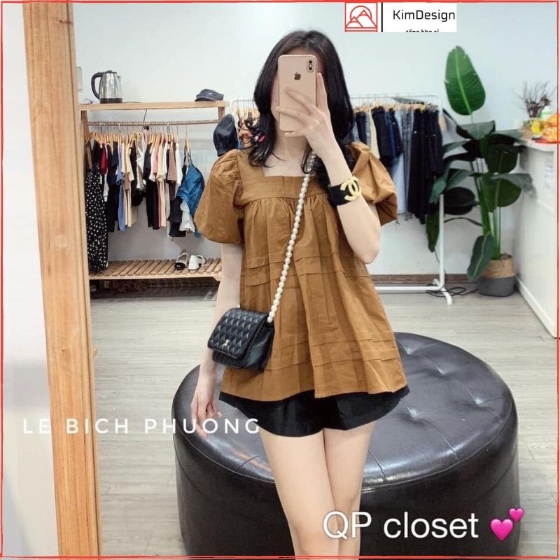 Áo babydoll trắng cổ vuông tay bồng, Áo kiểu nữ đẹp tay ngắn KimDesign chất thô mềm freesize QATE A1