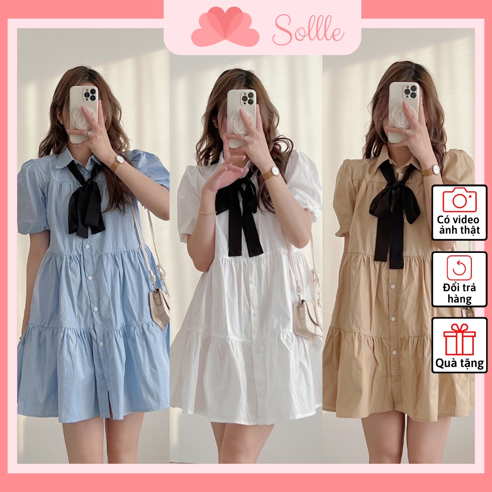 Đầm váy sơ mi babydoll dáng xòe cổ bẻ thắt nơ trơn nhiều màu Hàn Quốc đáng yêu Sollle