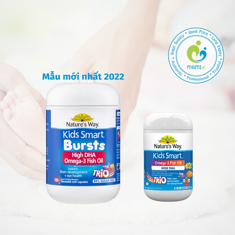 Viên mềm (60v/180v) bổ sung DHA phát triển trí tuệ bé từ 1 tuổi Nature’s Way Kids Smart Bursts Omega-3 Fish oil Trio, Úc