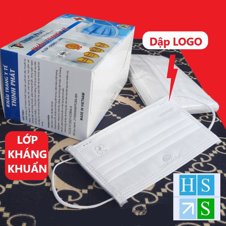 KHẨU TRANG Y TẾ 4 LỚP THỊNH PHÁT có lớp KHÁNG KHUẨN (Hộp 50 cái, Mầu Xanh và Trắng) - HS Shop Đà Nẵng