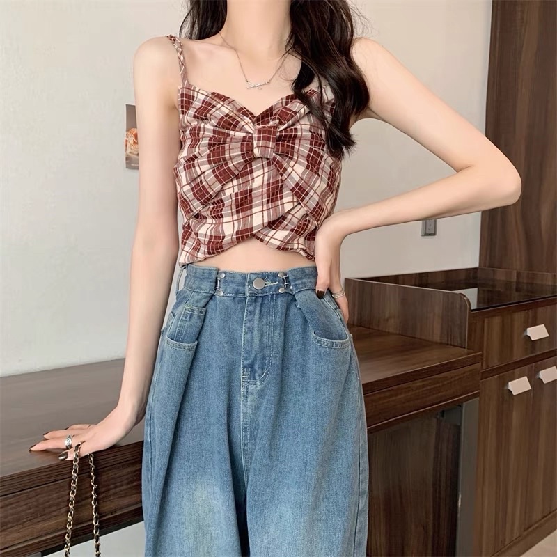 Áo 2s 2 dây thô kẻ kiểu nơ ngực