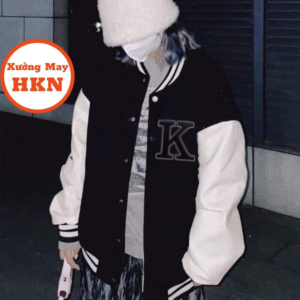 Áo Bomber Nam Nữ Unisex Thêu Nổi Chữ K Màu Đen Tay Trắng Vải Dày Dặn Mã 706 Xưởng May HKN