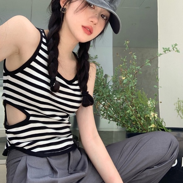 Áo ZHELIHANGFEI dệt kim không tay họa tiết kẻ sọc cho nữ