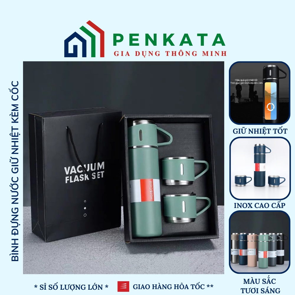 Bình nước giữ nhiệt, Bình giữ nhiệt 500ml kèm cốc sang trọng PENKATA