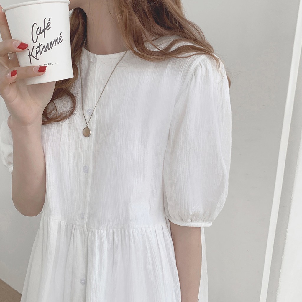 Đầm tay phồng cổ tròn màu trơn xinh xắn cho nữ 34980