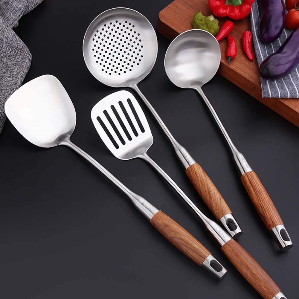 Bộ Dụng Cụ Nấu Ăn Bằng Thép Không Gỉ Cán Gỗ Hồng Thanh Lịch Cho Nhà Bếp 81