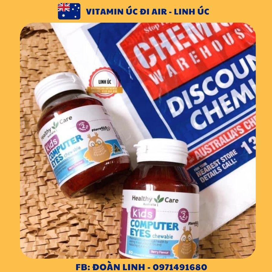 Bổ mắt Healthy Care Kids Computer Eyes cho Bé 60 viên, HÀNG CHUẨN ÚC, Viên Nhai Hỗ Trợ Mắt Cho Bé Healthy Care Kids