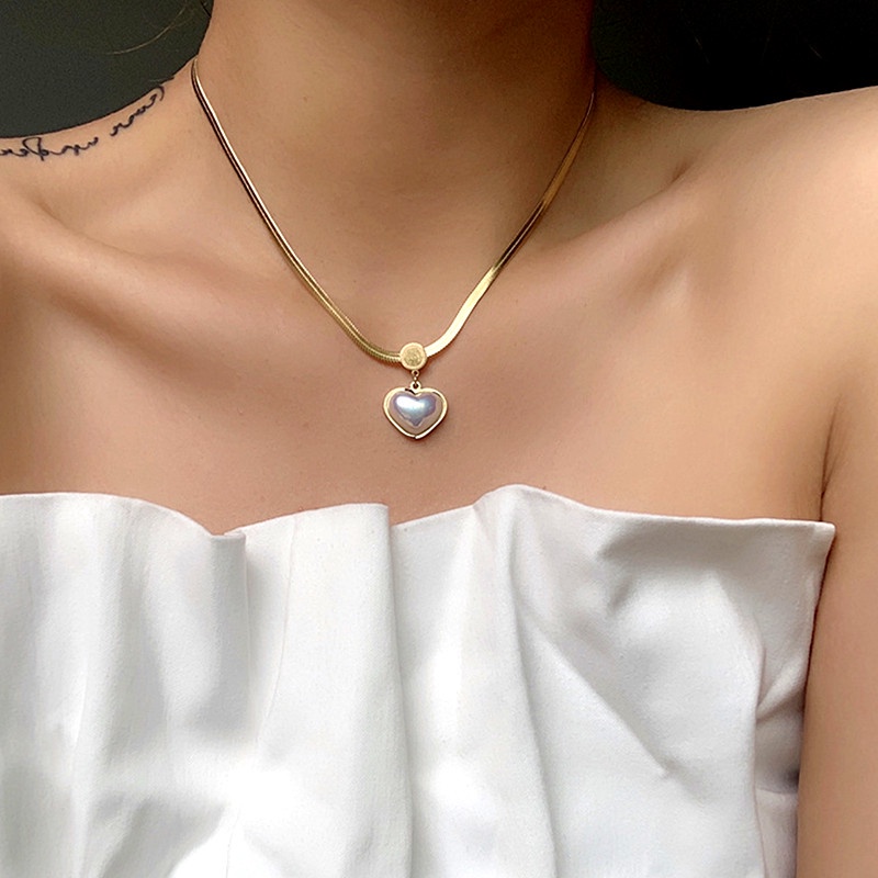 dây chuyền titan nữ 18k vàng chống gỉ Ngọc trai tim vòng cổ Phụ kiện thời trang