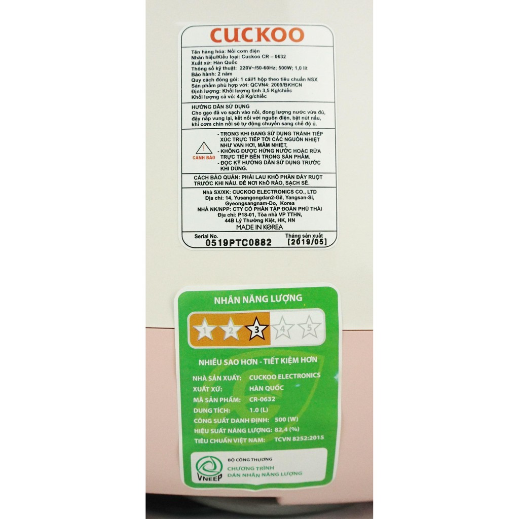 [Mã ELHADEV giảm 4% đơn 300K] Nồi cơm điện 1 lít Cuckoo CR-0632 chính hãng bảo hành toàn quốc