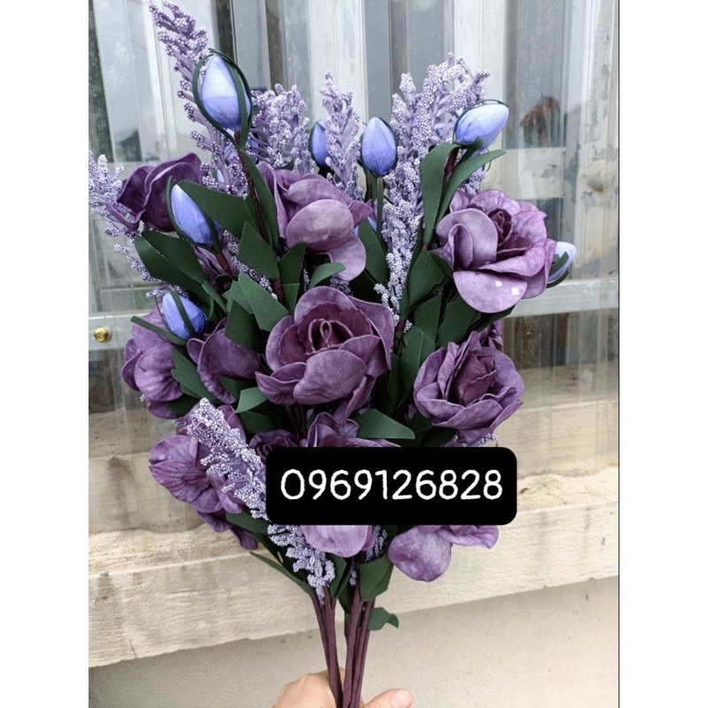 Hoa Hồng xốp trang trí màu siêu đẹp_ (tím và vàng) cành 65cm