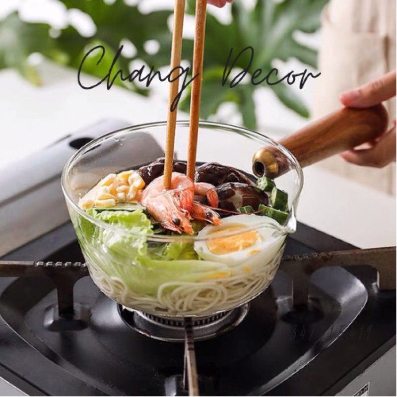 Nồi thủy tinh trong suốt tay cầm gỗ, nồi nấu sup nấu sữa