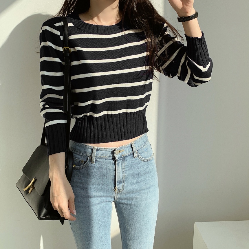 Áo sweater ZHELIHANGFEI dài tay lưng cao họa tiết kẻ sọc ngang phong cách retro