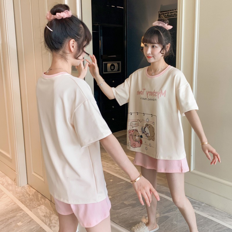 Bộ đồ mặc nhà NỮ chất cotton với họa tiết dễ thương mặc ngủ hay ra ngoài cực xinh BC12  (Bầu bí nhỏ bon chen)