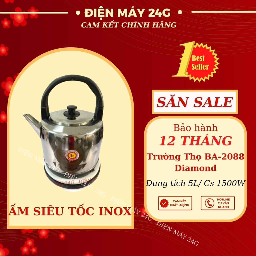 Ấm siêu tốc Trường Thọ BA-2088 Diamond ấm đun siêu tốc 5L bình đun nước inox mini chế độ tự ngắt an toàn và tiện dụng