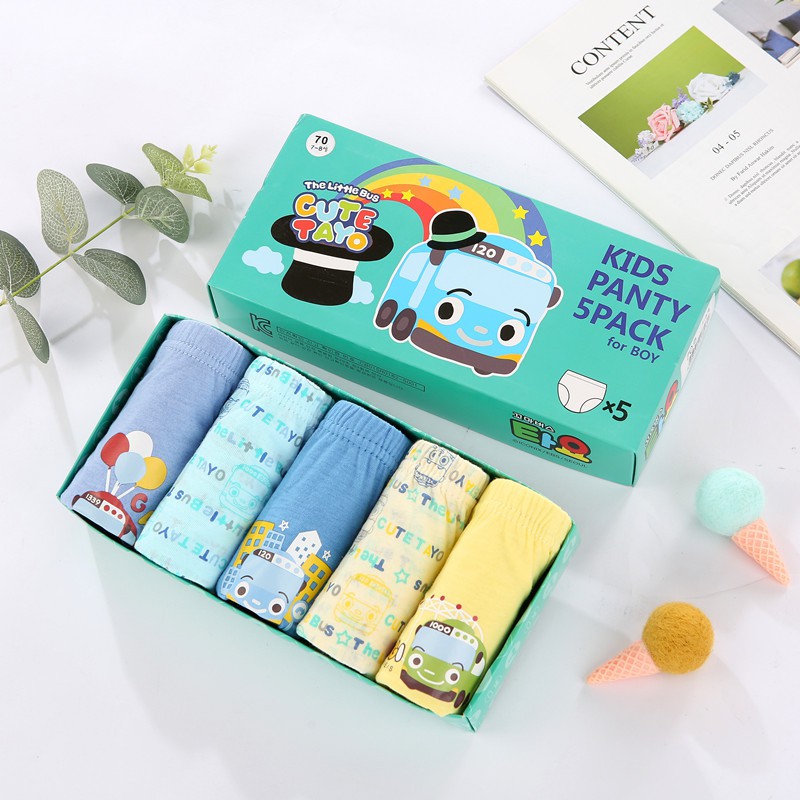 Hộp 5 quần lót bé trai Hàn Quốc 100% cotton mẫu Xe buýt Cute Tayo