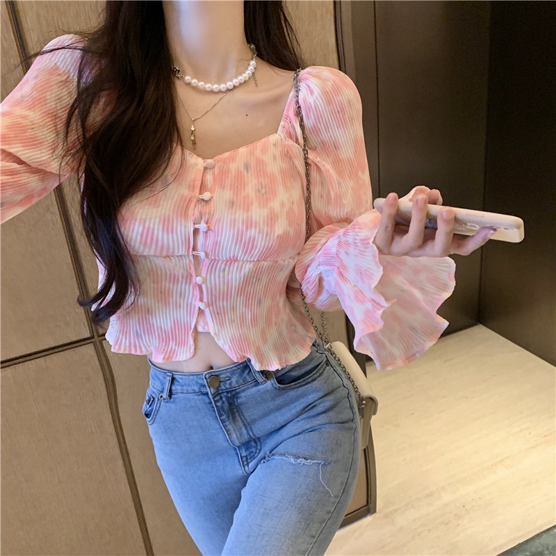QKOOLE  Áo Croptop Trễ Vai Tay Loe Màu Hồng Phong Cách Hàn Quốc Cho Nữ