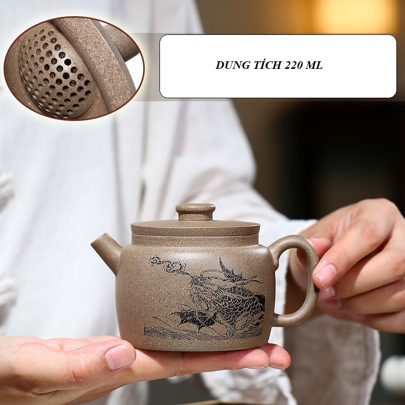 Ấm Tử Sa Nghi Hưng Hán Ngõa Ngư Hóa Long 220 ml (Thanh Khôi Nê, Lọc Tổ Ong)