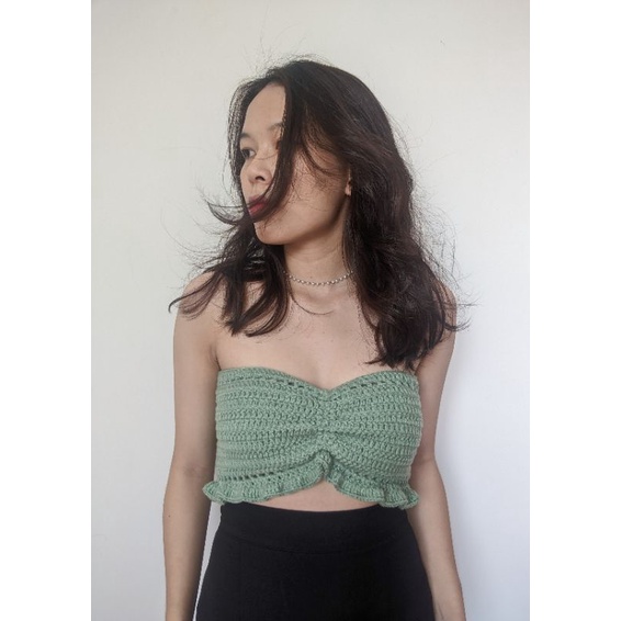 Áo croptop crochet cúp ngực viền bèo MÃ A04, đan dây lưng