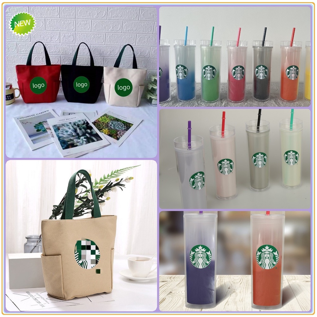 ❀Mới! ❀Cốc Uống Nước Ép Lạnh Starbucks 473ml/16oz + Túi Xách canvas Starbucks