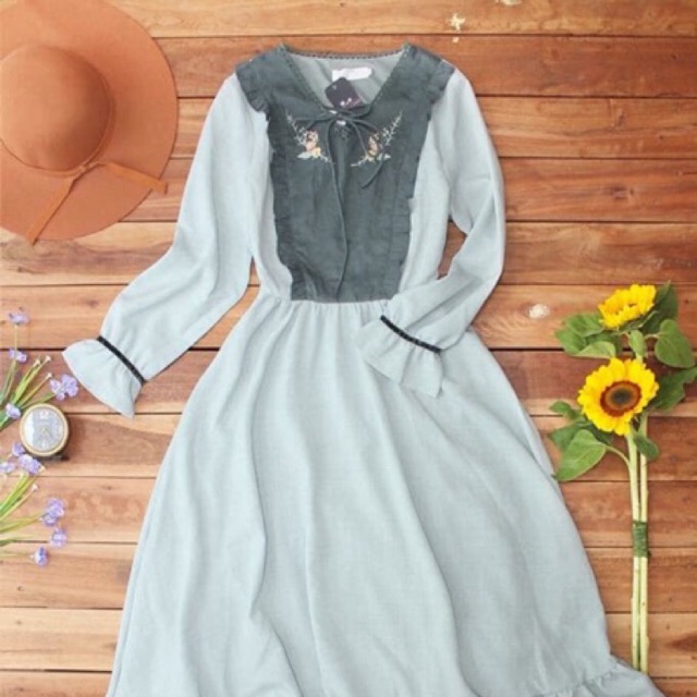 Váy gumiho vintage màu xanh (ảnh thật)