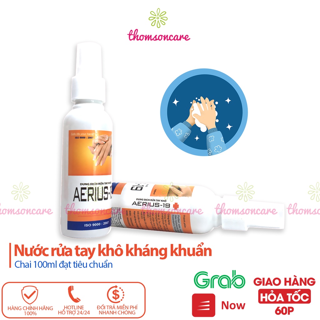 Nước rửa tay khô AERIUS 100ml dạng xịt sát khuẩn nhanh diệt khuẩn, bộ y tế cấp phép, kháng khuẩn