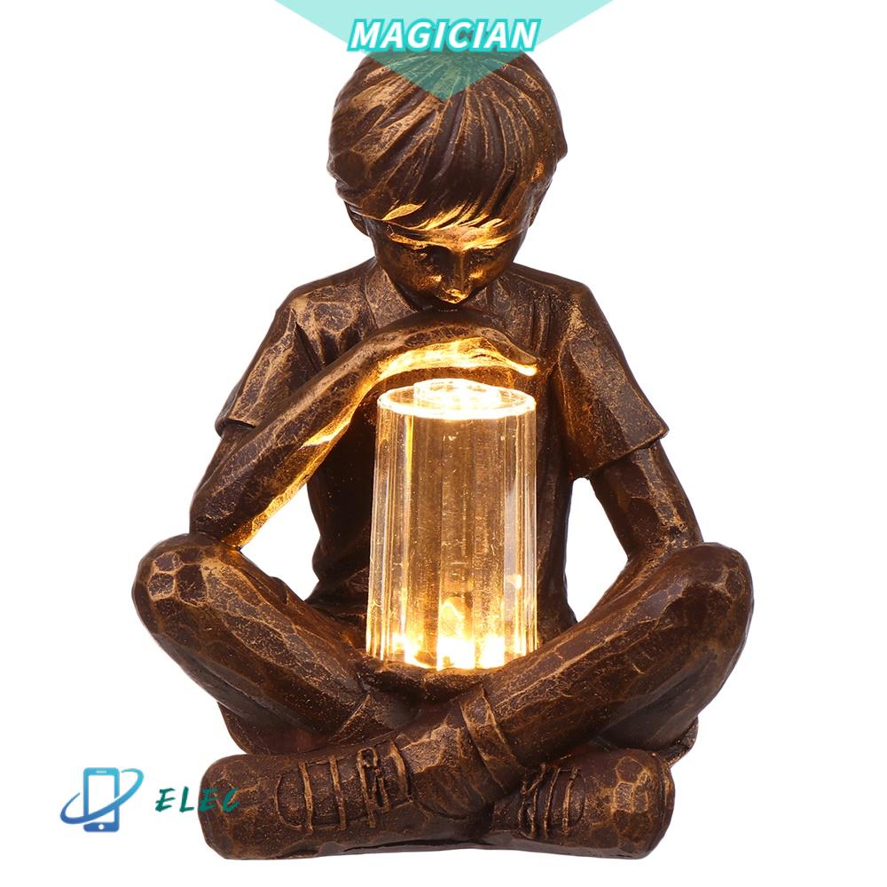 MAGIC Gifts Boy with Fireflies Festival Decoration Glimpses of God Resin Garden Boy LED Light Vintage Artistic Statue Holiday Ornament Garden Lights Statue Sculpture with Light