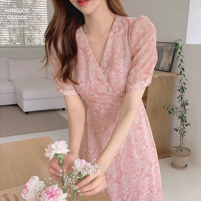 (Sẵn M) (Pre order) Váy hoa suông màu hồng vải voan