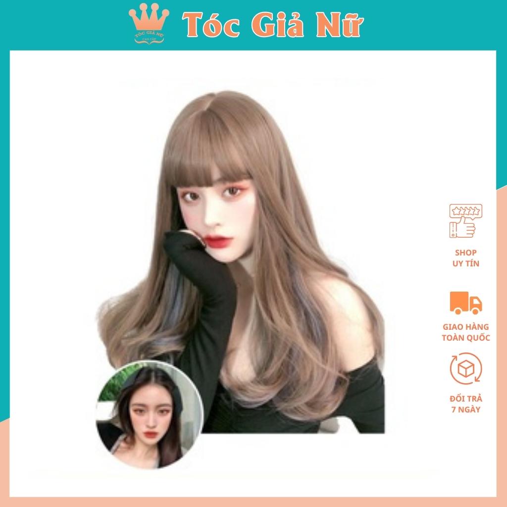 Tóc giả nữ nguyên đầu xoăn lửng phối line xanh coban tặng kèm lưới trùm tóc wig