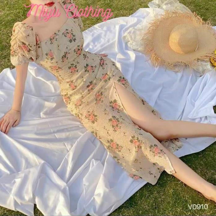 Đầm body hoa ren cổ vuông tay nhúm xẻ tà váy nữ hoa kiểu MIYU CLOTHING