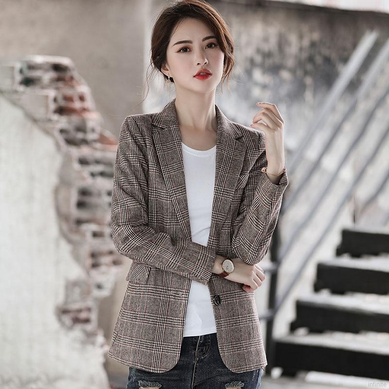 Áo khoác blazer họa tiết kẻ sọc ca rô thanh lịch thời trang dành cho nữ