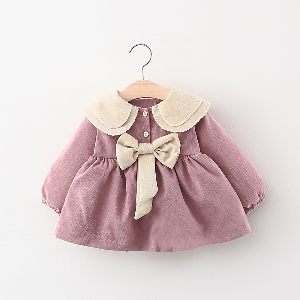 BEAR LEADER Đầm Tay Dài Màu Trơn Đính Nơ To Thời Trang Mùa Thu Xinh Xắn Cho Bé Gái 0-24 Tháng Tuổi