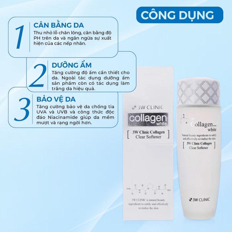 Nước Hoa Hồng Dưỡng Trắng Da Chiết Xuất Từ Collagen 3w Clinic Hàn Quốc 150ml