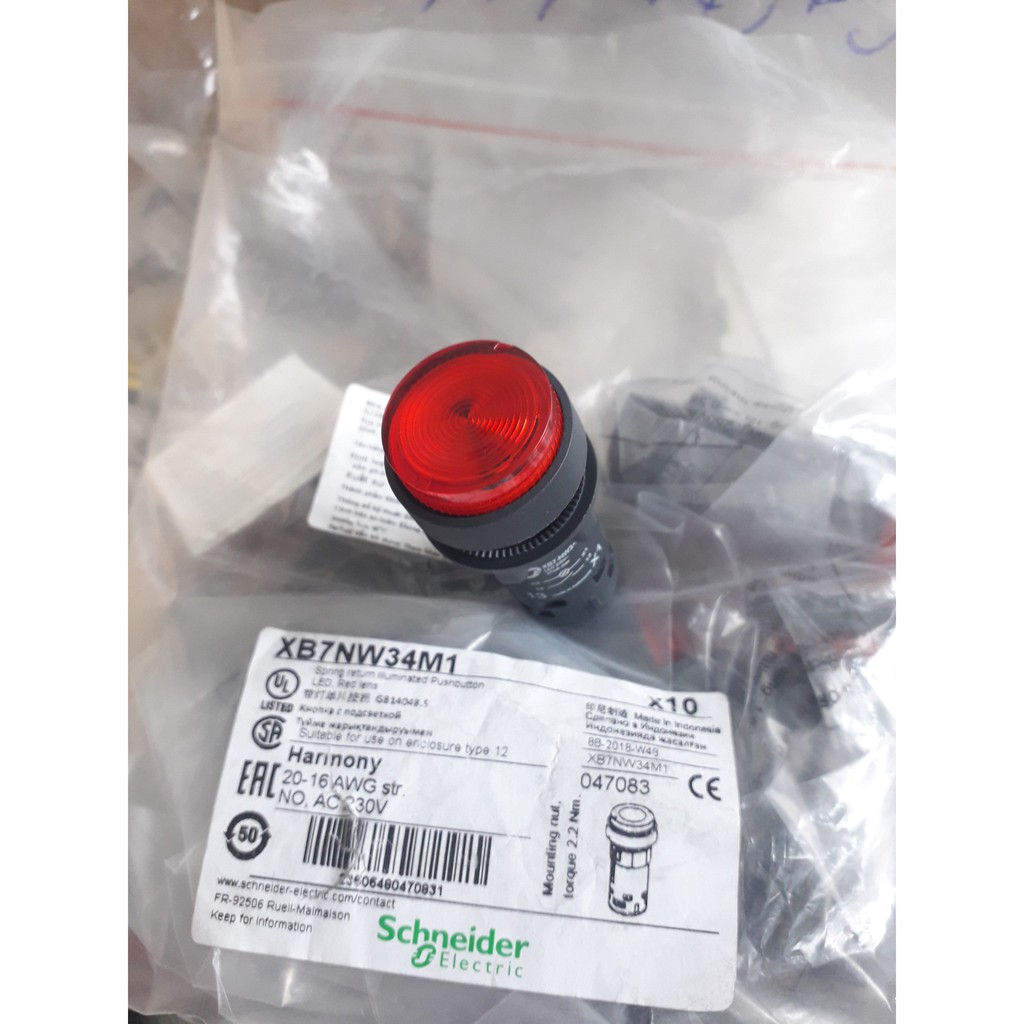 Nút nhấn có đèn XB7NW34M1 Schneider , phi 22mm, Đèn màu đỏ 220V