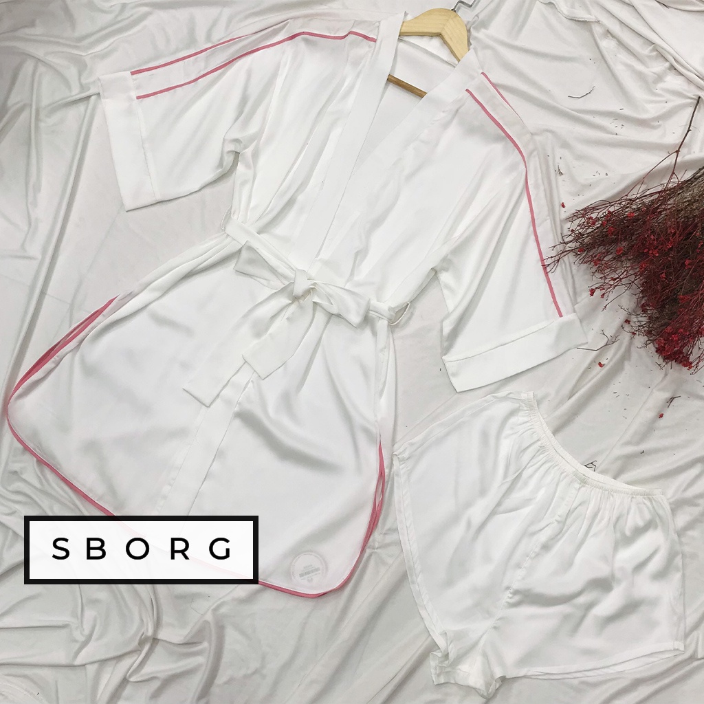 Đầm ngủ SBORG đồ mặc nhà lụa latin cao cấp áo khoác tay lửng sang trọng kèm quần đùi sexy freesize dưới 60kg quà tặng vợ