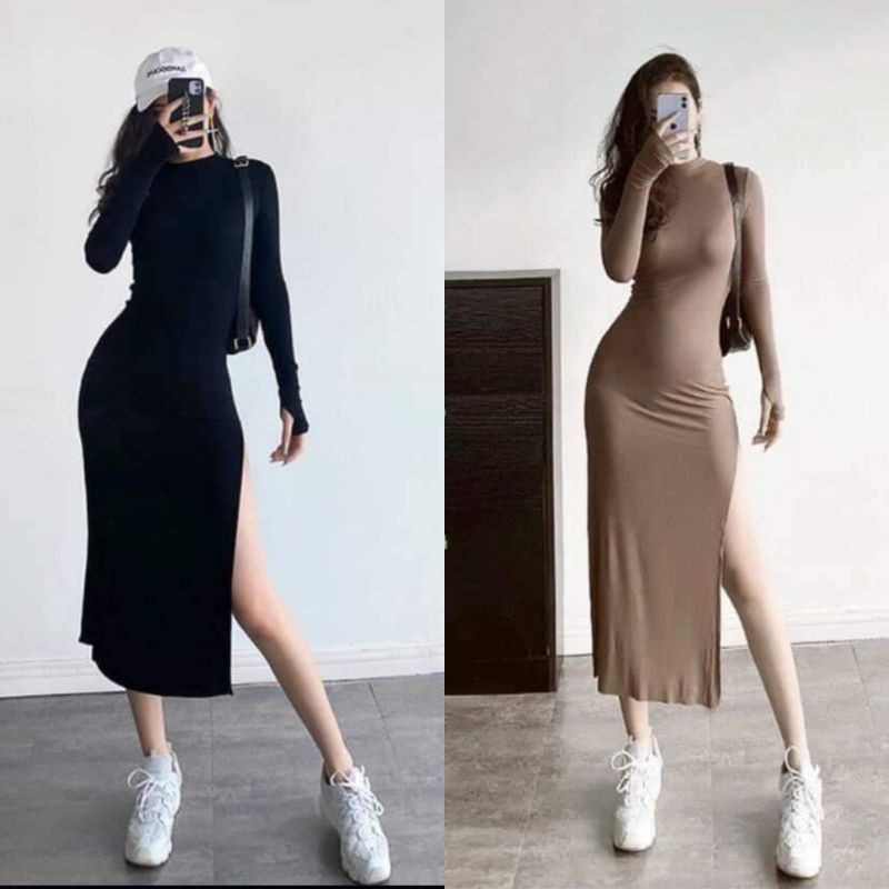 Y HÌNH - ĐẦM MAXI THUN BODY TAY DÀI XỎ NGÓN XẺ TÀ