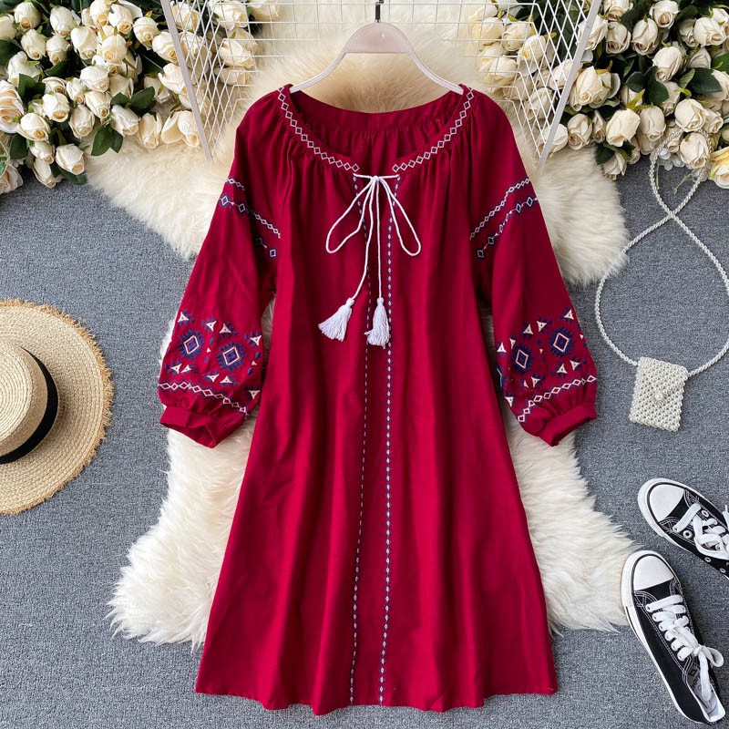[ORDER]Váy phong cách dân tộc bohemian với tay áo phồng cổ chữ v và váy mỏng đi du lịch hẹn hò hẹn hò cổ tích
