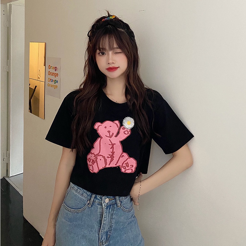 ÁO CROPTOP NỮ MẪU GẤU HỒNG MÀU ĐEN TRẮNG DỄ THƯƠNG FREESIZE