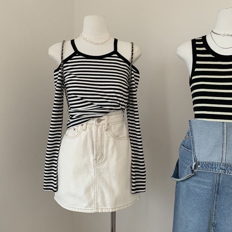 Áo Tay Dài Trễ Vai Hoạ Tiết Kẻ Sọc Thiết Kế Mới Thời Trang Mùa Hè Cho Phái Nữ