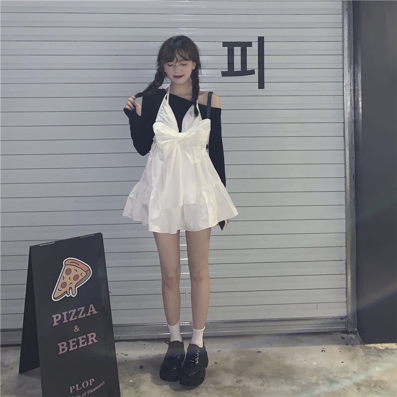 Bộ trang phục IELGY gồm áo trễ vai kèm đầm cổ yếm phối nơ thời trang retro cho nữ (có bán lẻ)