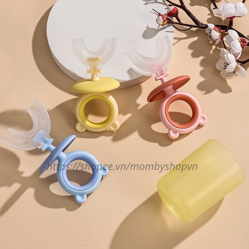 Bàn chải đánh răng chữ u cho bé Teddy kèm cốc, bàn chải đánh răng silicon cho bé từ 2 - 7 tuổi