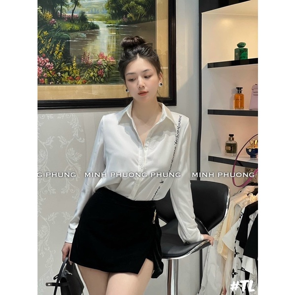 Áo Sơ Mi  Phối Chữ Siêu Sang, Áo Sơ Mi Trắng Chất Lụa Cao Cấp