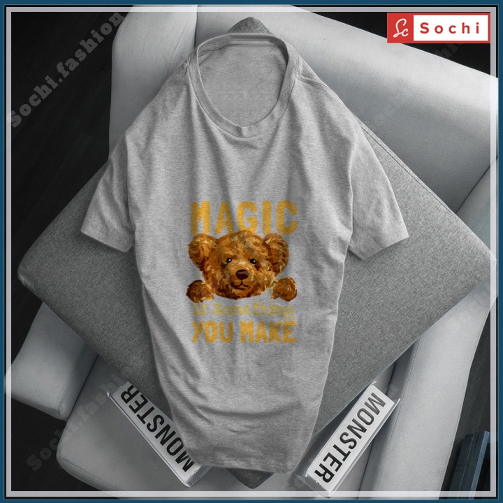 Áo thun nam tay ngắn cổ tròn, áo thun đen nam chất phông cotton CZ195 in hình Gấu