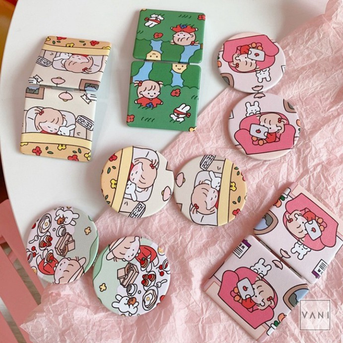 Gương Cầm Tay Mini Gấp Gọn Hình Vuông Hình Tròn Kiểu Chibi Siêu Đáng Yêu - Vani Store