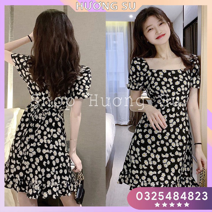 Váy tiểu thư🍉Váy đen cổ vuông hoa cúc tay phồng, váy hoa cúc vintage màu đen chất vải thô mềm mặc thoáng mát xinh xắnn🍉